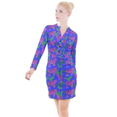 Pink Tigers On A Blue Background Button Long Sleeve Dress by SychEva