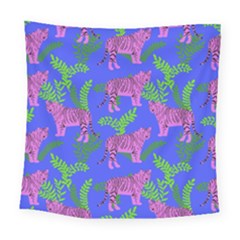 Pink Tigers On A Blue Background Square Tapestry (large) by SychEva