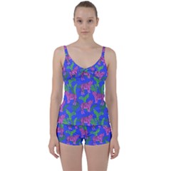 Pink Tigers On A Blue Background Tie Front Two Piece Tankini by SychEva