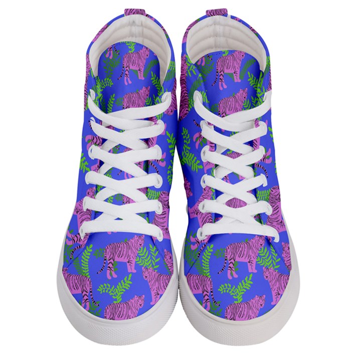 Pink Tigers On A Blue Background Men s Hi-Top Skate Sneakers