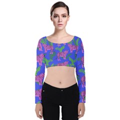 Pink Tigers On A Blue Background Velvet Long Sleeve Crop Top by SychEva