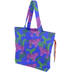 Pink Tigers On A Blue Background Drawstring Tote Bag by SychEva