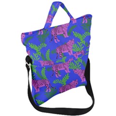 Pink Tigers On A Blue Background Fold Over Handle Tote Bag by SychEva