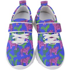 Pink Tigers On A Blue Background Kids  Velcro Strap Shoes by SychEva