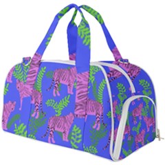 Pink Tigers On A Blue Background Burner Gym Duffel Bag by SychEva