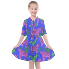 Pink Tigers On A Blue Background Kids  All Frills Chiffon Dress by SychEva