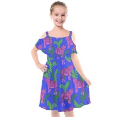 Pink Tigers On A Blue Background Kids  Cut Out Shoulders Chiffon Dress by SychEva