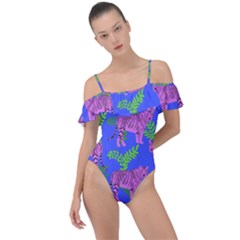 Pink Tigers On A Blue Background Frill Detail One Piece Swimsuit by SychEva