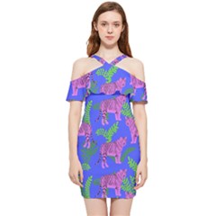 Pink Tigers On A Blue Background Shoulder Frill Bodycon Summer Dress by SychEva