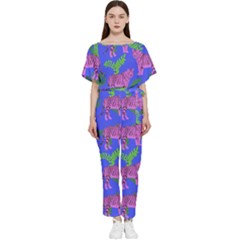 Pink Tigers On A Blue Background Batwing Lightweight Jumpsuit by SychEva