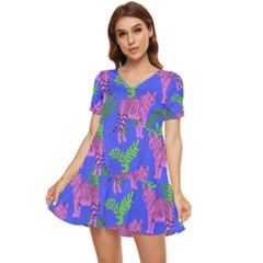 Pink Tigers On A Blue Background Tiered Short Sleeve Mini Dress by SychEva