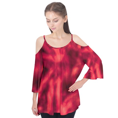 Cadmium Red Abstract Stars Flutter Sleeve Tee  by DimitriosArt