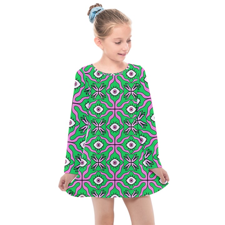 Abstract Illustration With Eyes Kids  Long Sleeve Dress