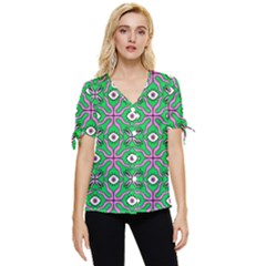 Abstract Illustration With Eyes Bow Sleeve Button Up Top