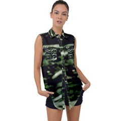 Green  Waves Abstract Series No5 Sleeveless Chiffon Button Shirt