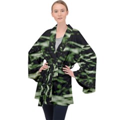 Green  Waves Abstract Series No5 Long Sleeve Velvet Kimono  by DimitriosArt