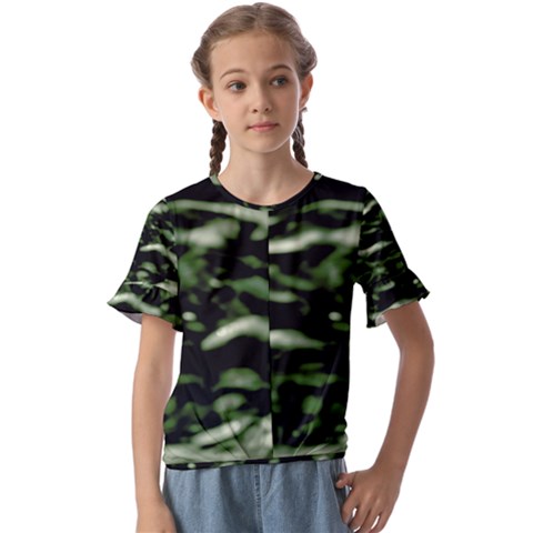 Green  Waves Abstract Series No5 Kids  Cuff Sleeve Scrunch Bottom Tee by DimitriosArt