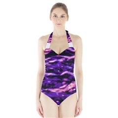 Purple  Waves Abstract Series No1 Halter Swimsuit by DimitriosArt