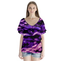 Purple  Waves Abstract Series No1 V-neck Flutter Sleeve Top by DimitriosArt