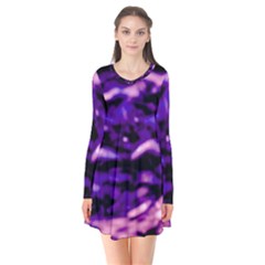 Purple  Waves Abstract Series No1 Long Sleeve V-neck Flare Dress by DimitriosArt