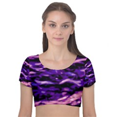 Purple  Waves Abstract Series No1 Velvet Short Sleeve Crop Top  by DimitriosArt