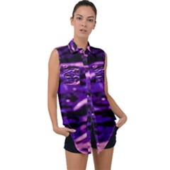 Purple  Waves Abstract Series No1 Sleeveless Chiffon Button Shirt