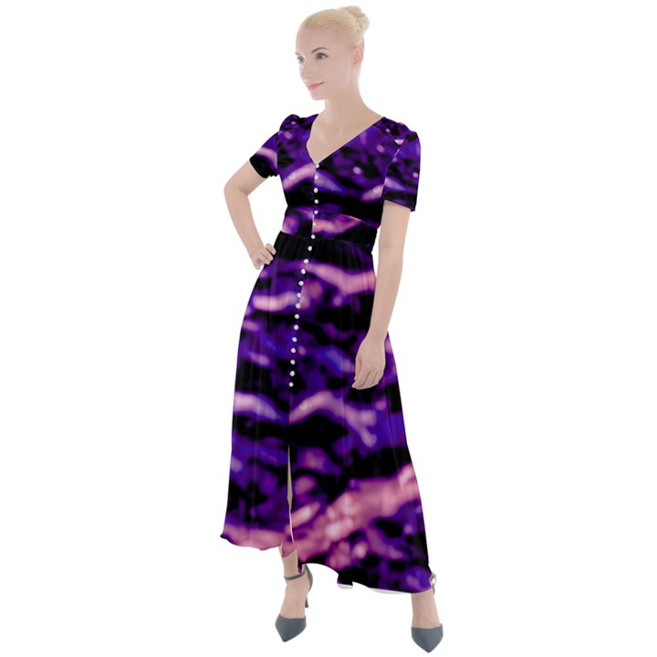 Purple  Waves Abstract Series No1 Button Up Short Sleeve Maxi Dress