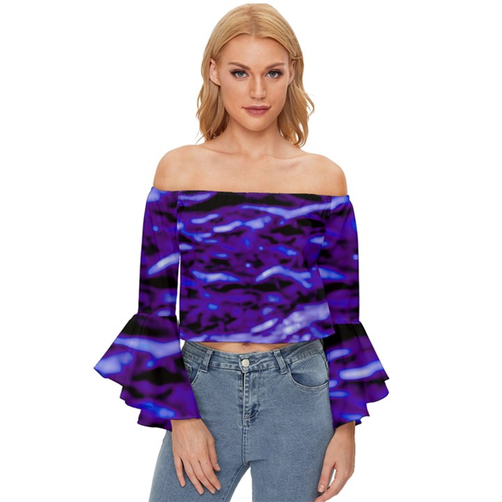 Purple  Waves Abstract Series No2 Off Shoulder Flutter Bell Sleeve Top