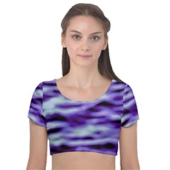 Purple  Waves Abstract Series No3 Velvet Short Sleeve Crop Top  by DimitriosArt