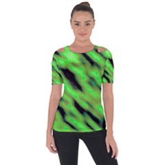 Green  Waves Abstract Series No7 Shoulder Cut Out Short Sleeve Top by DimitriosArt