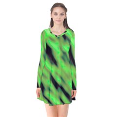 Green  Waves Abstract Series No7 Long Sleeve V-neck Flare Dress by DimitriosArt