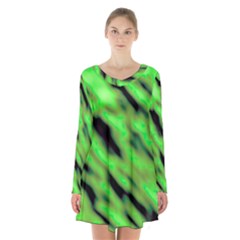 Green  Waves Abstract Series No7 Long Sleeve Velvet V-neck Dress