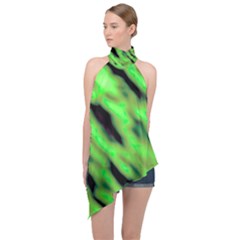 Green  Waves Abstract Series No7 Halter Asymmetric Satin Top