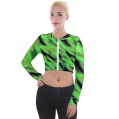 Green  Waves Abstract Series No7 Long Sleeve Cropped Velvet Jacket by DimitriosArt