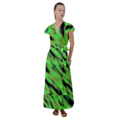 Green  Waves Abstract Series No7 Flutter Sleeve Maxi Dress by DimitriosArt