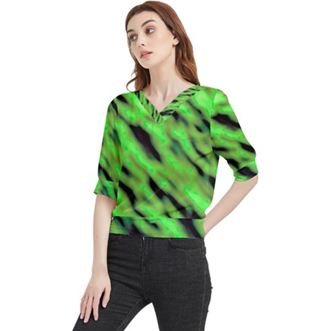 Green  Waves Abstract Series No7 Quarter Sleeve Blouse by DimitriosArt