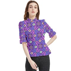 Abstract Illustration With Eyes Frill Neck Blouse