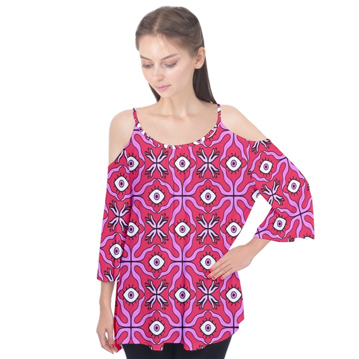 Abstract Illustration With Eyes Flutter Sleeve Tee 