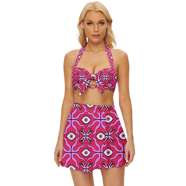 Abstract Illustration With Eyes Vintage Style Bikini Top and Skirt Set 