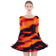 Red  Waves Abstract Series No13 Long Sleeve Velvet Skater Dress by DimitriosArt