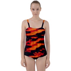 Red  Waves Abstract Series No13 Twist Front Tankini Set