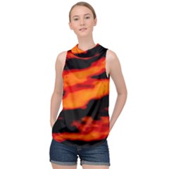 Red  Waves Abstract Series No13 High Neck Satin Top by DimitriosArt