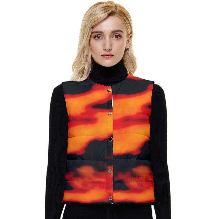 Red  Waves Abstract Series No13 Women s Short Button Up Puffer Vest