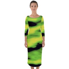 Green  Waves Abstract Series No12 Quarter Sleeve Midi Bodycon Dress by DimitriosArt