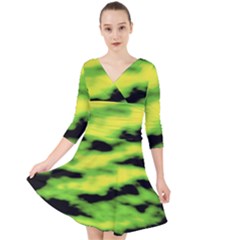 Green  Waves Abstract Series No12 Quarter Sleeve Front Wrap Dress by DimitriosArt