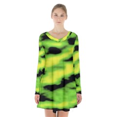 Green  Waves Abstract Series No12 Long Sleeve Velvet V-neck Dress by DimitriosArt