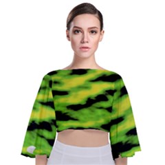 Green  Waves Abstract Series No12 Tie Back Butterfly Sleeve Chiffon Top by DimitriosArt