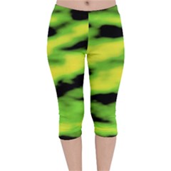 Green  Waves Abstract Series No12 Velvet Capri Leggings  by DimitriosArt