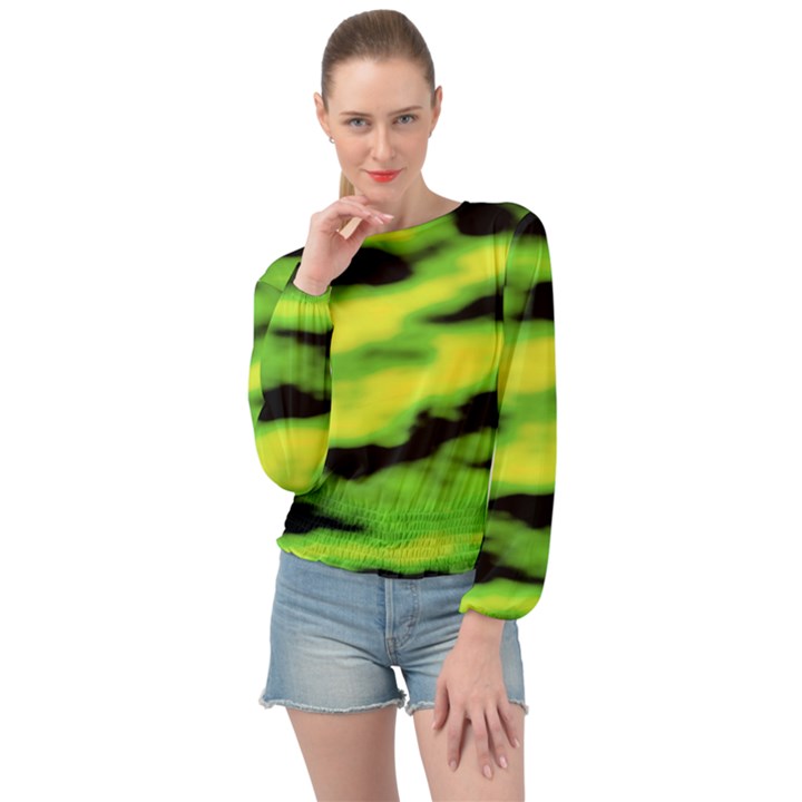 Green  Waves Abstract Series No12 Banded Bottom Chiffon Top