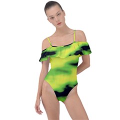 Green  Waves Abstract Series No12 Frill Detail One Piece Swimsuit by DimitriosArt